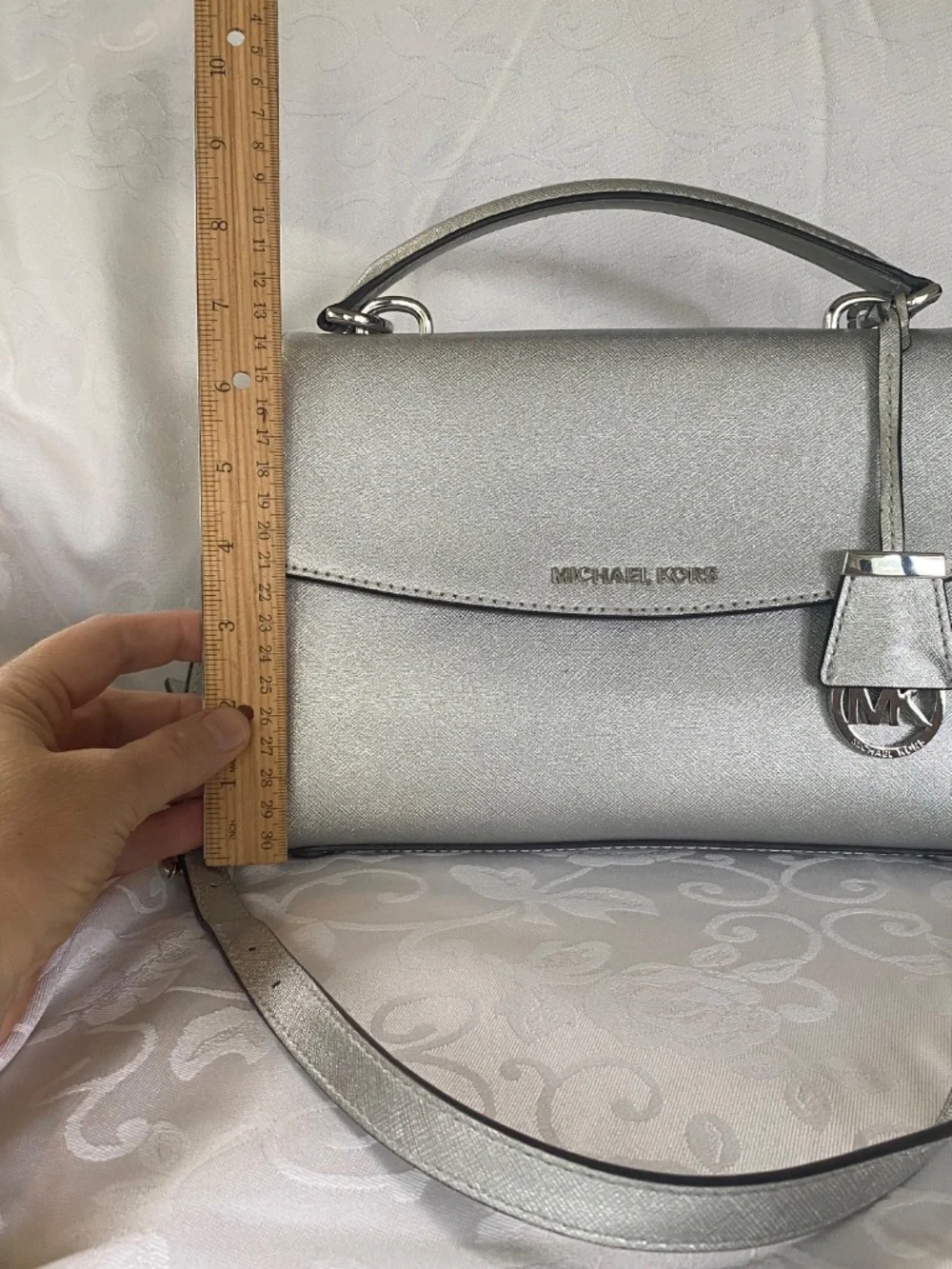Michael Kors Silver Saffiano Leather Satchel Crossbody Bag